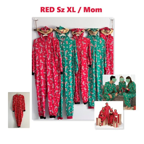 Matching Family Pajamas Reindeer Antler Zipper Onesie RED SZ XL / MOM - Picture 3 of 13
